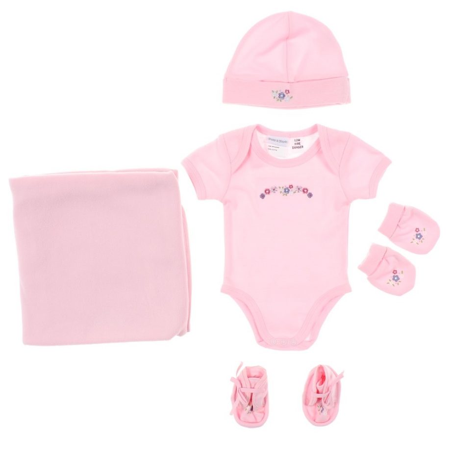 Poppy & Hydes Infants Knitted Blanket, Bodysuit, Hat, Mittens & Shoes 5 Pk