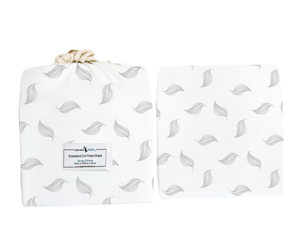 Amani Bebe Organic Standard Fitted Sheet - Grey Leaf