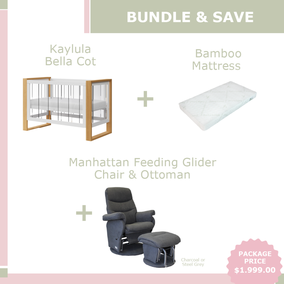 Kaylula Bella Cot Bundle & Save + Manhattan Charcoal + Bamboo Mattress